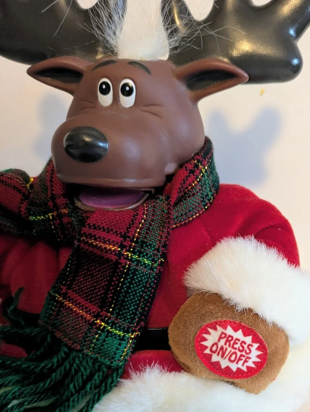 Holiday Moose Plush with Red Coat and Plaid Scarf